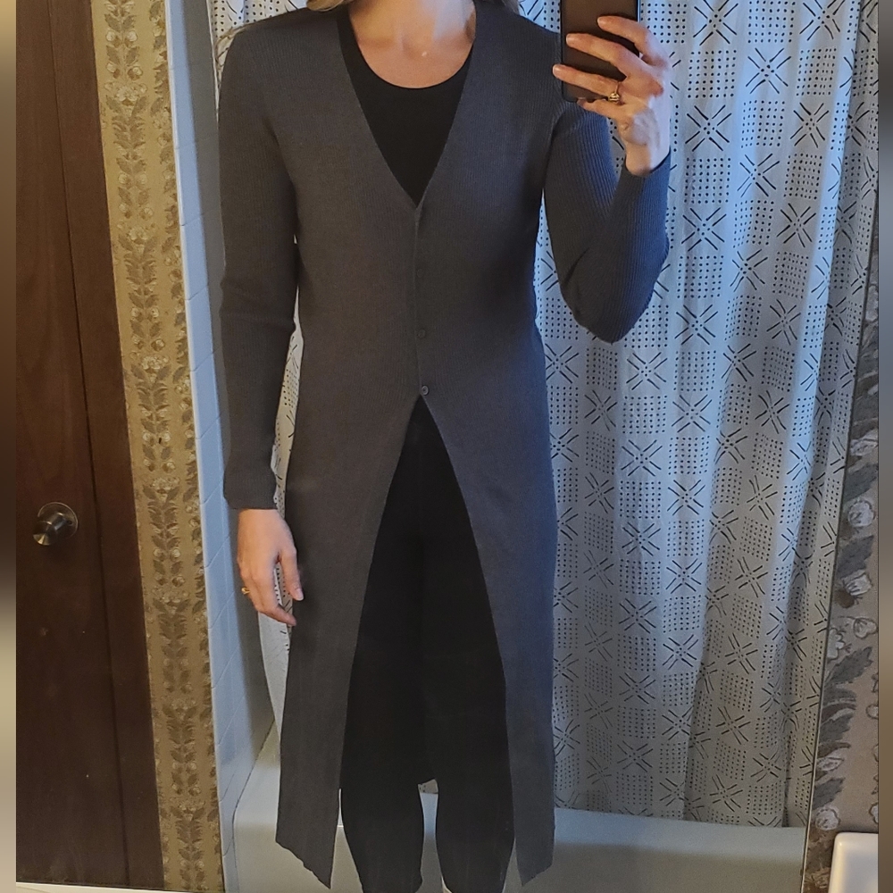 - Extra Long Charcoal Button Up Cardigan Sweater.